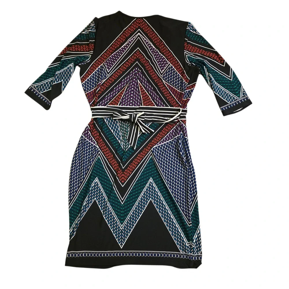 Calvin Klein Geometric Print‎ V Neck 3/4 Sleeve Faux Wrap Dress Women's Size M